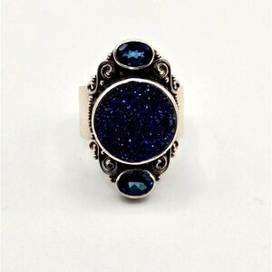 SAJEN Sterling Signed Blue Druzy and Blue Topaz Sculptured Ring